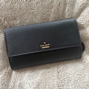 kate spade Black Saffiano Leather Clutch Wallet with Gold Logo